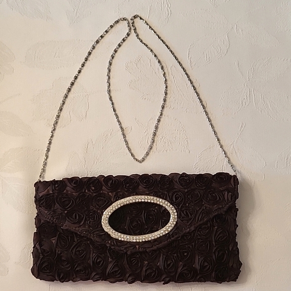 NEW Brown Organza Clutch, Rosettes, Rhinestone Clasp & Silver-tone Strap - Picture 9 of 12